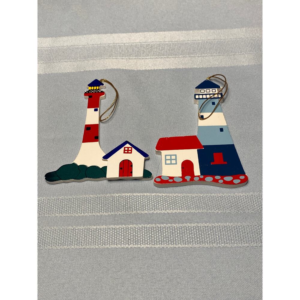 Set of 2 LIGHTHOUSES Flat wood cut-outs Hanging Ornaments Coastal Shore EUC